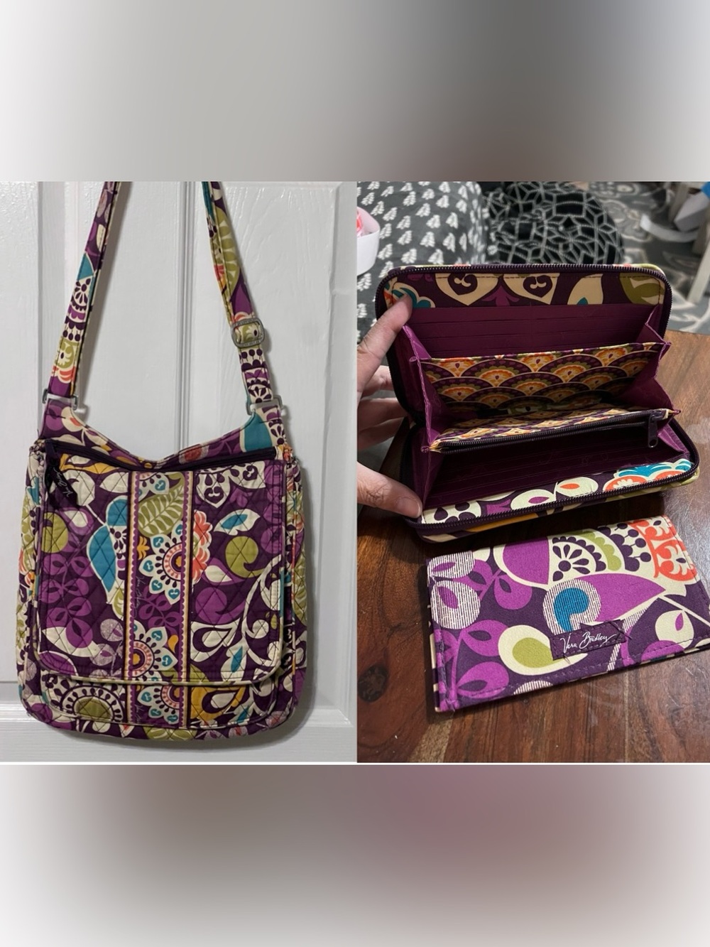 Vera Bradley Plum Crazy Hipster Crossbody Bag Wallet,Checkbook Cover 3-Piece Set